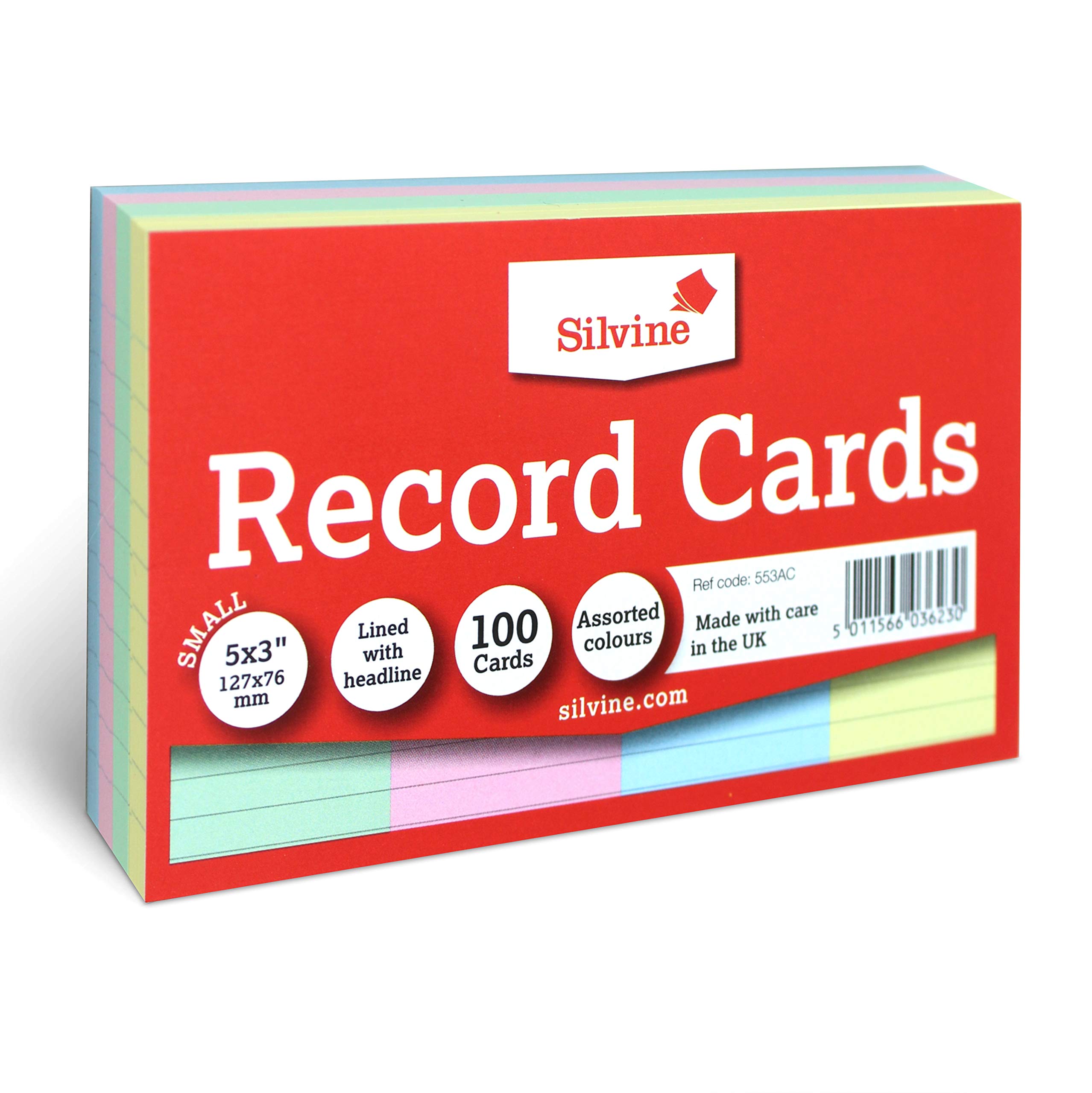 Silvine 5x3" Multi-Coloured Record Cards - Lined with Headline, 100 Cards per Pack. Ref 553AC (127 x 76mm)