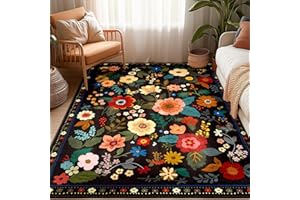 RELEANY Floral 5x7 Area Rug Machine Washable Soft Print Boho Carpet Non Slip Doormat Low Pile Flower Area Rugs for Living Room Bedroom Nursery Kitchen Dining Room Indoor-Black