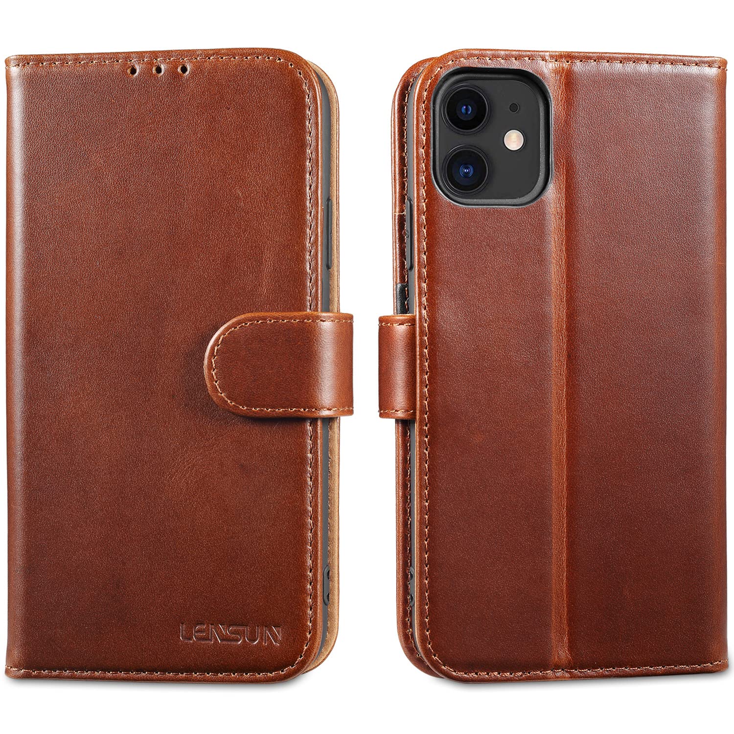 LENSUN Wallet Case for iPhone 11, Genuine Leather Flip Phone Cover [RFID Blocking] with Card Holder and Magnetic Closure Compatible with Apple iPhone 11 - Dark Brown
