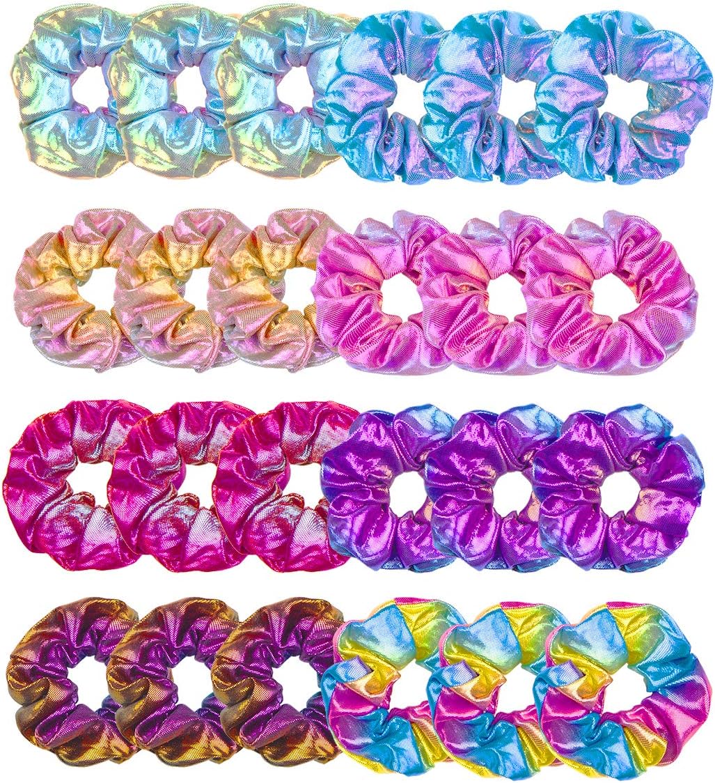 MOLYHUA Hair Scrunchies for Girls, 24 Pcs Shiny Scrunchies Metallic Hair Tie for Women