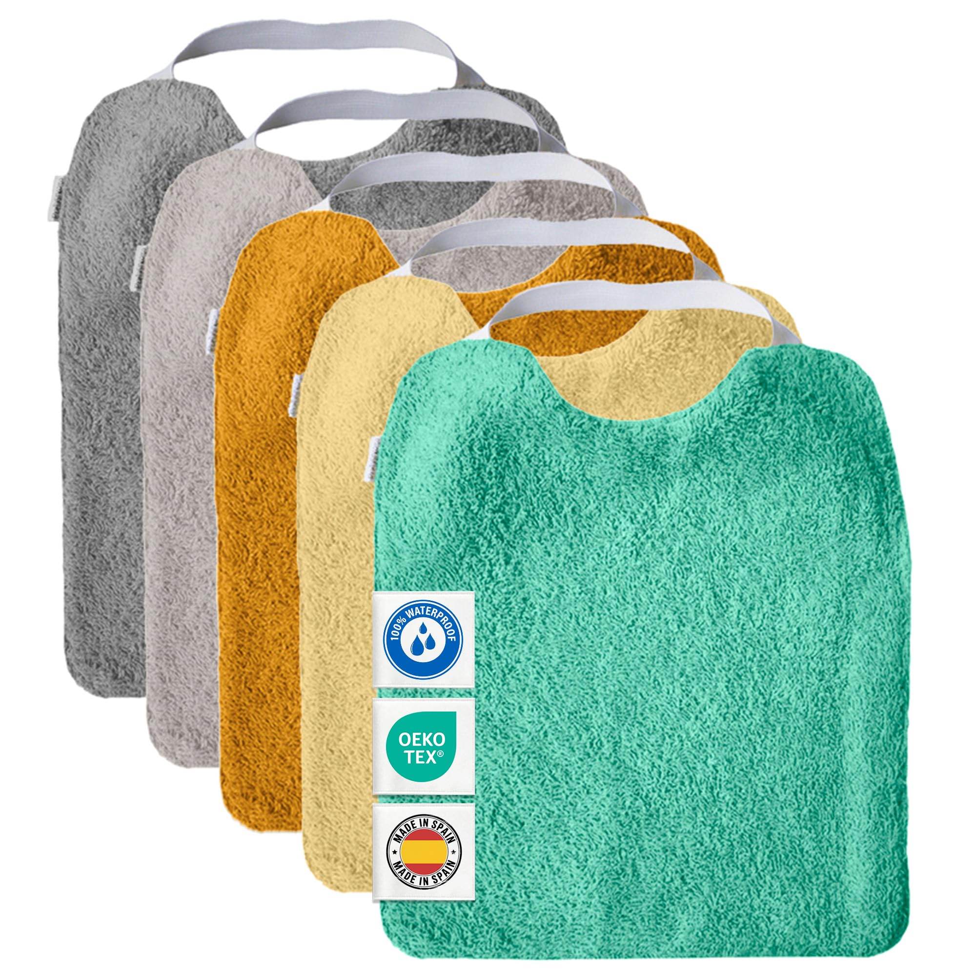 MIMUSELINA Set of 5 Waterproof Baby Bibs for BLW in Terry Cotton | Premium OEKO-TEX® Cotton | Baby Weaning Bib Set | Large Nursery Bibs with Elastic Neck | Handmade in Spain | Energy