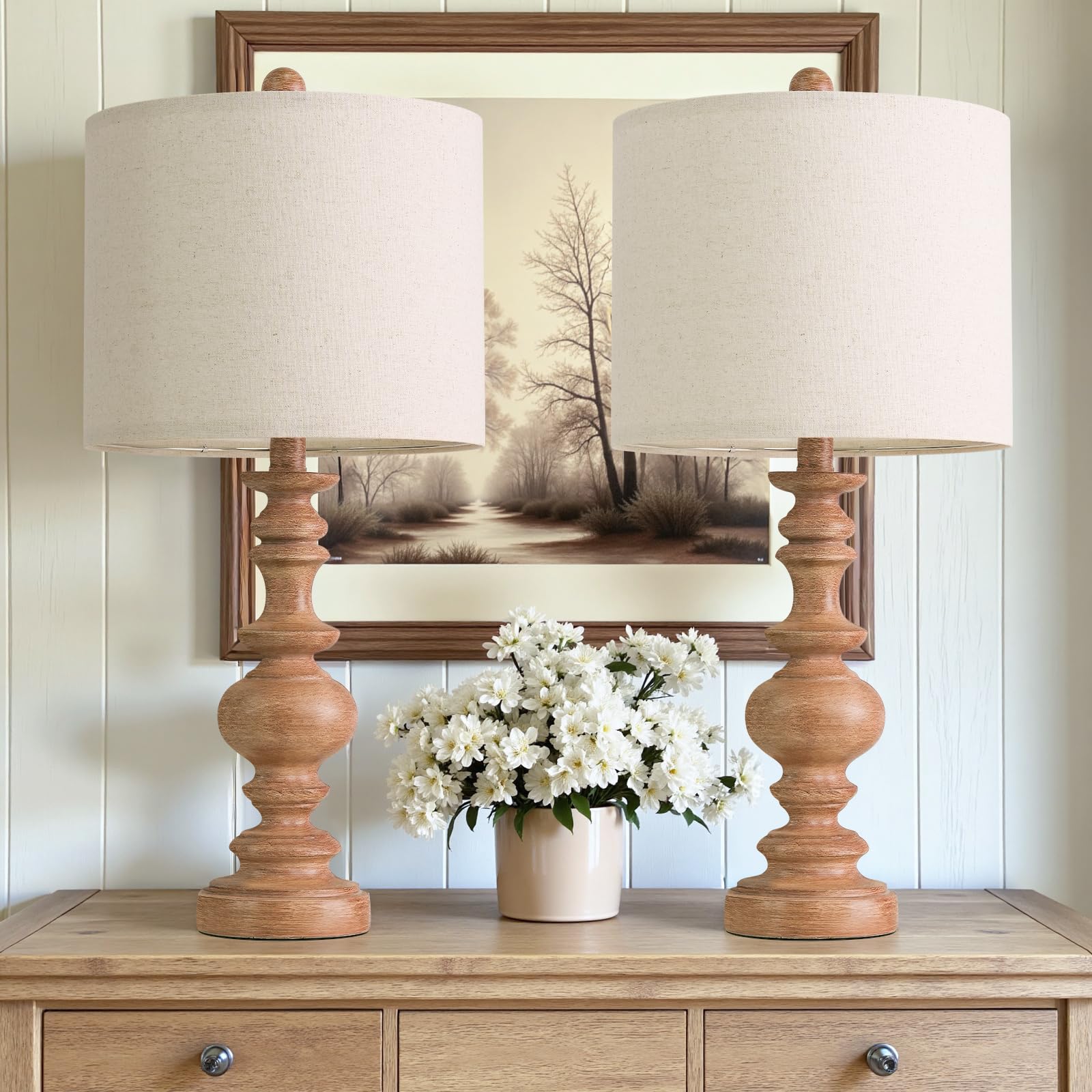 Photo 1 of BOBOMOMO 24" Farmhouse Table Lamps Set of 2 – Rustic Light Brown Resin Bedside Lamps with Linen Shades, Medium Size Nightstand Lamps for Bedroom, Living Room, and Entryway, Ideal for Warm, Cozy Spaces