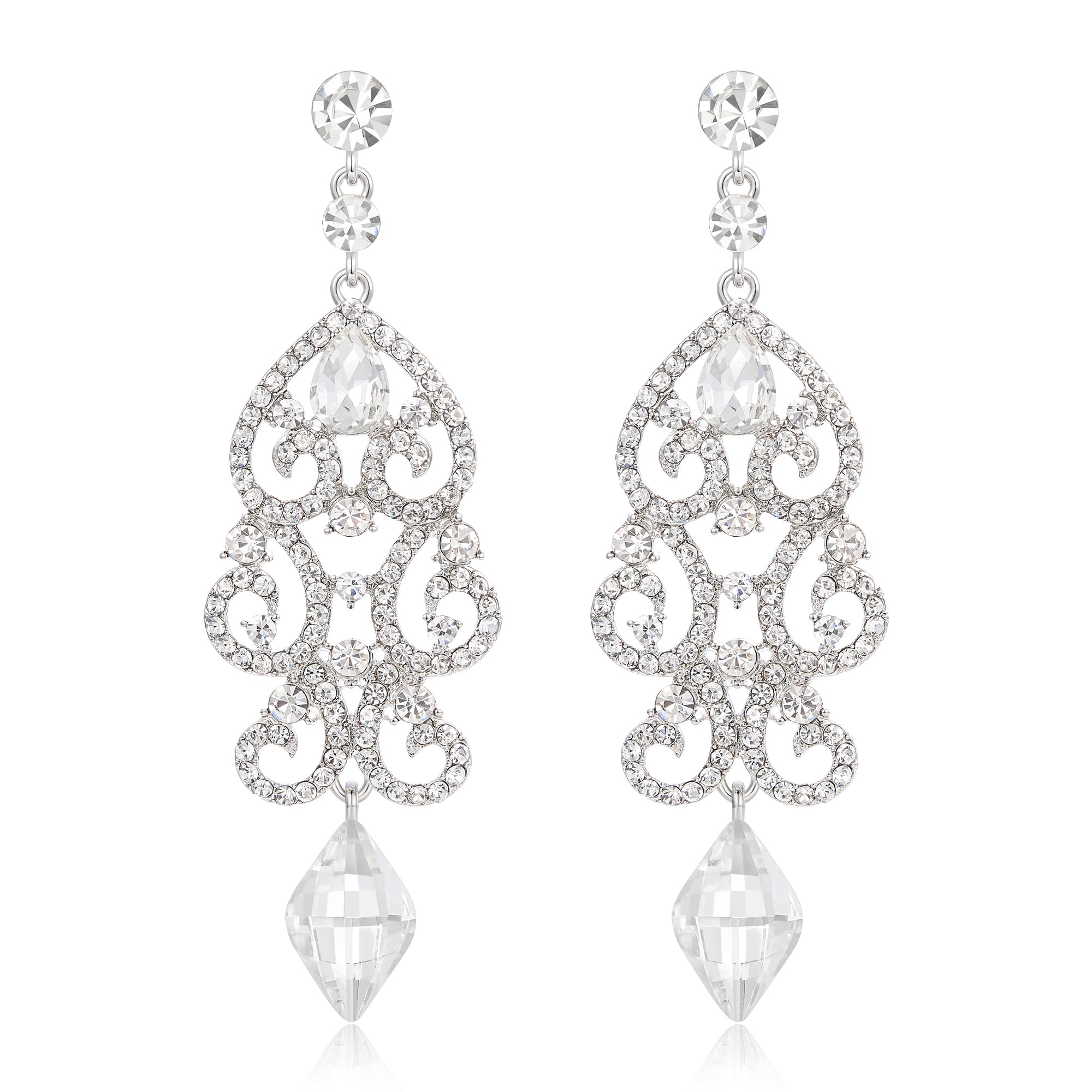 EVER FAITH Rhinestone Crystal Wedding Art Deco Floral Chandelier Dangle Earrings for Women Clear Silver-Tone