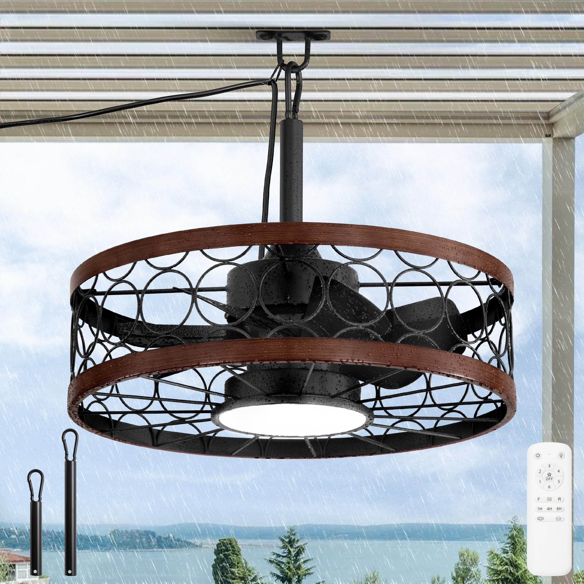 Photo 1 of LEDIARY Outdoor Ceiling Fan with Light and Remote,Waterproof Gazebo Fan with Hanging Hook,6 Speeds, 3CCT, 20 Inch Caged Plug in Ceiling Fan for Patios,Porch, Pergola,Canopy