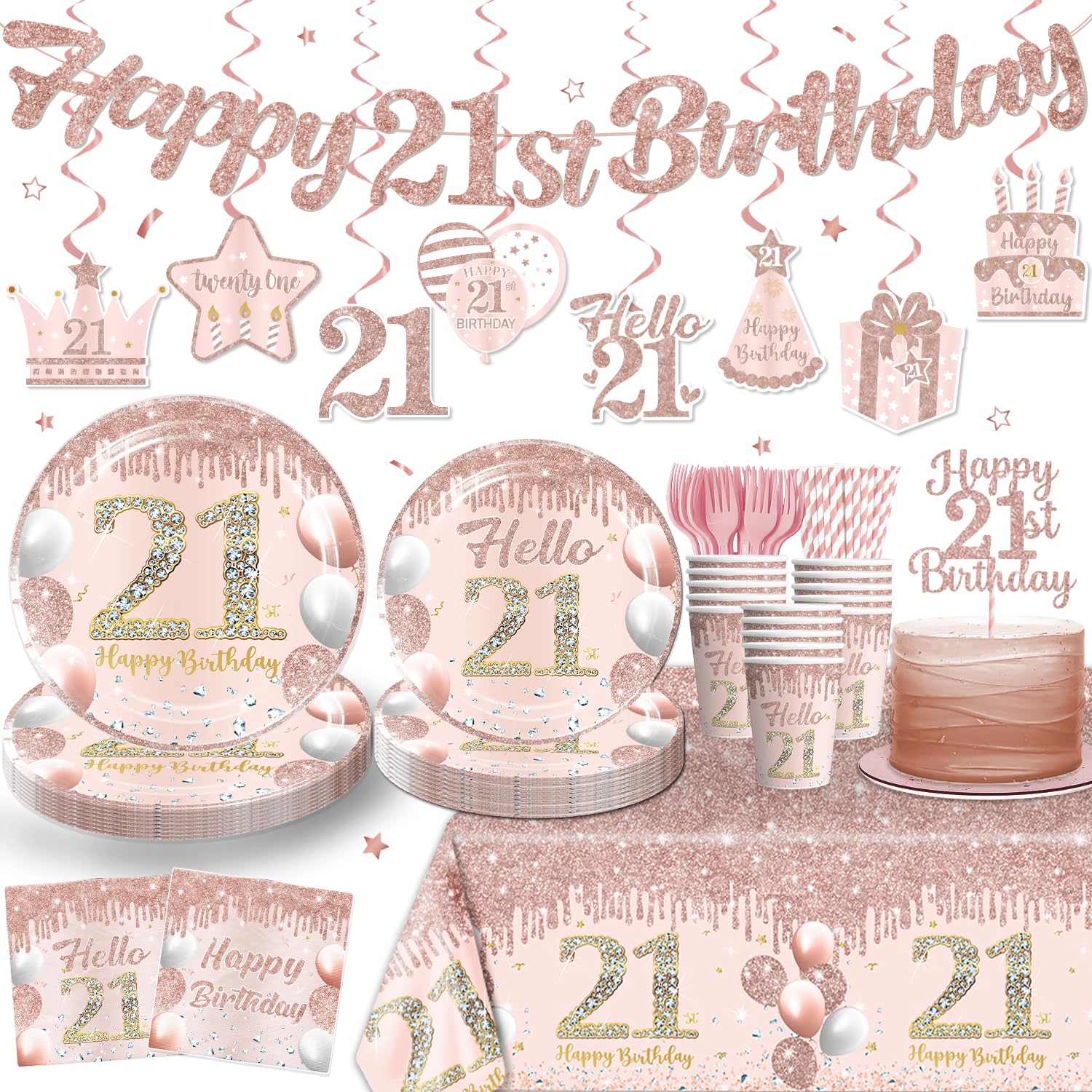 Photo 1 of Yingoto 170pcs 21st Birthday Decorations, Affordable Disposable 300gsm Paper Plates and Eco-friendly Paper Straws for Girl's 21, 21st Birthday Plates and Napkins for 25 People