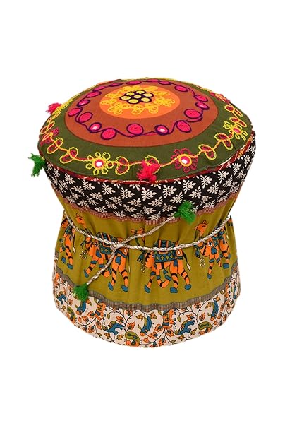 Rang Barse Cotton Rajasthani Handmade Patchwork Stool (Multicolour, 25x25x40inches)