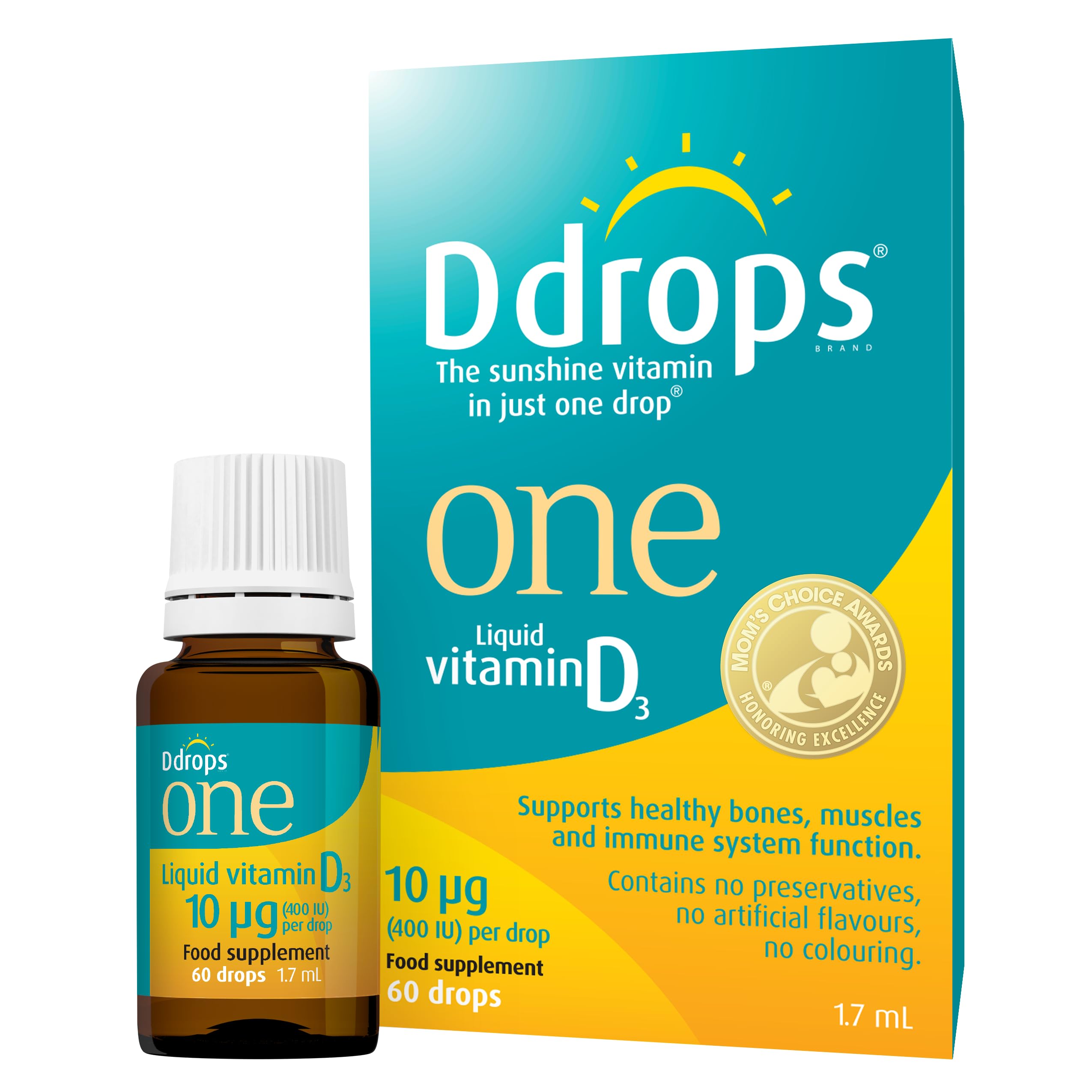 Ddrops One 10 µg 60 Drops - Daily Vitamin D3 Supplement for Kids & Adults. Support Bone Health & Immune System - No Large Capsules, No Preservatives, Non-GMO, Allergen-Friendly