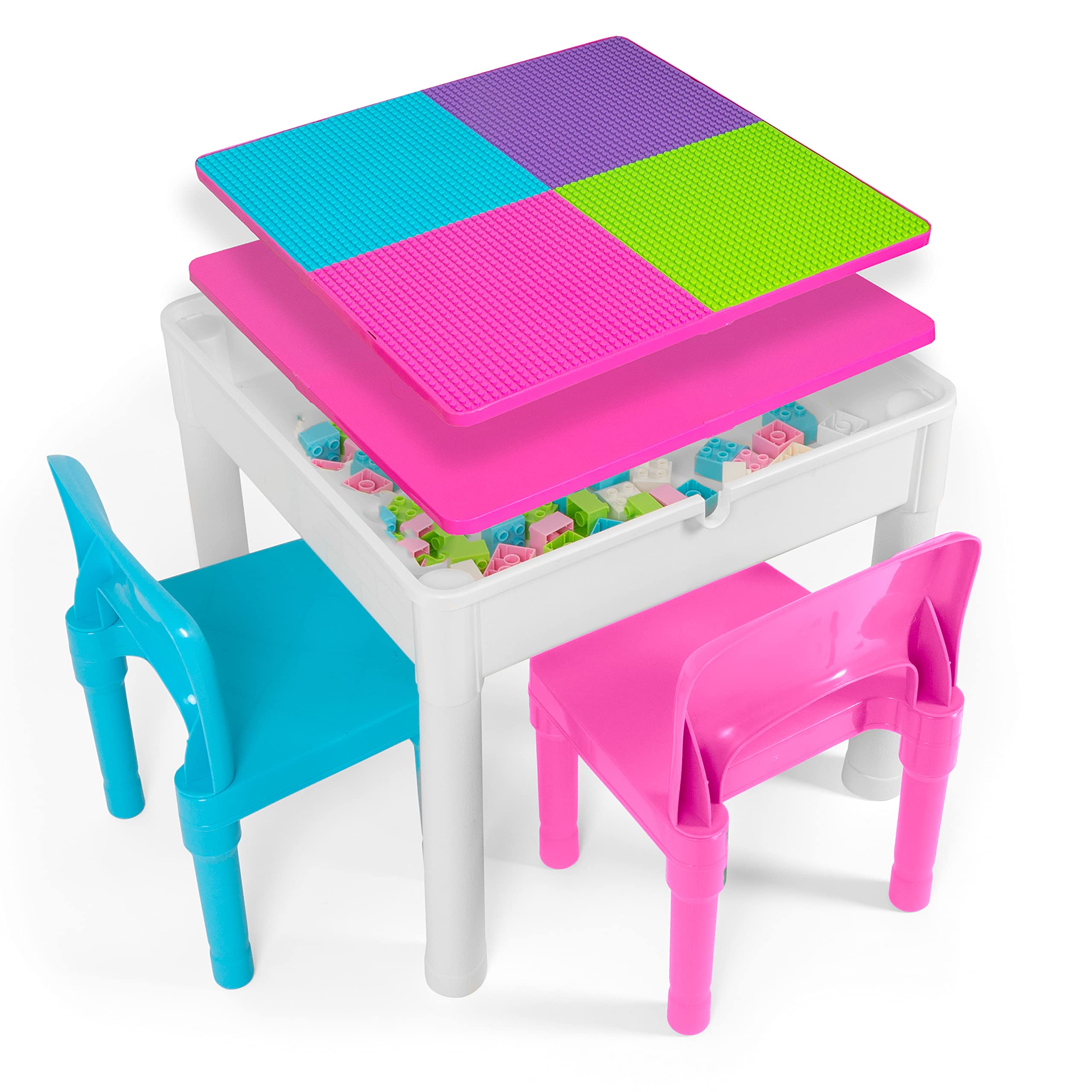 Photo 1 of *Missing Pieces* Play Platoon Kids Table and Chairs Set, Toddler 5 in 1 Pastel Activity Table - Sensory, Water, Art, Picnic, Blocks with Storage for Girls Ages 2 to 8 - with Pink and Blue Chairs