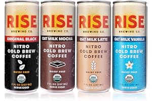 RISE Brewing Co. | Nitro Cold Brew Coffee | Gluten-Free, Vegan | Organic & Non-GMO | 3x Original Black, 3x Oat Milk Latte, 3x Oat Milk Mocha, 3x Oat Milk Vanilla Latte, 7 Fl Oz (Pack of 12)