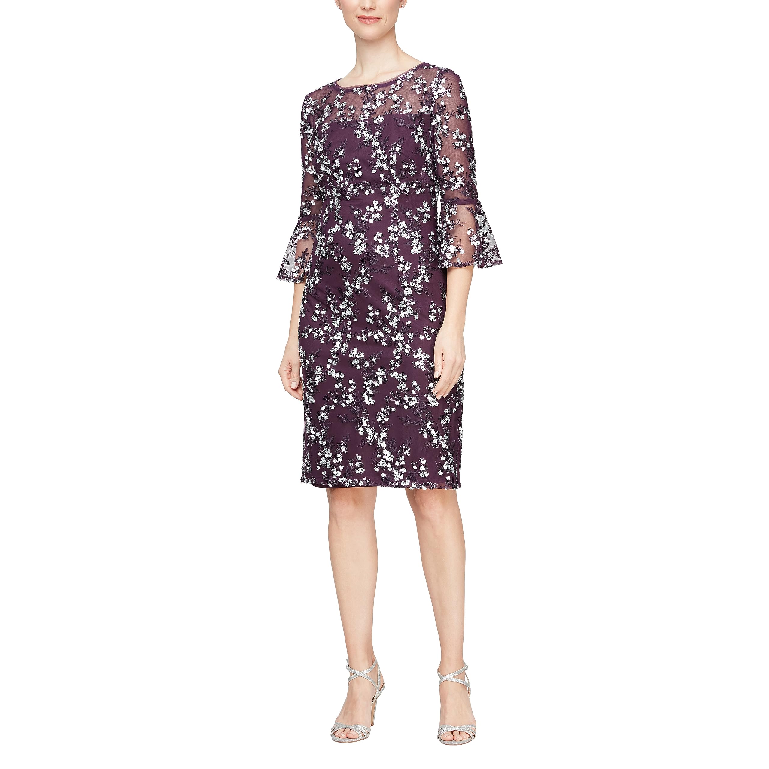 Alex Evenings Women’s Short Shift Cocktail Gown with Bell Sleeves, Formal Events, Wedding Guest Dress, Eggplant, 12