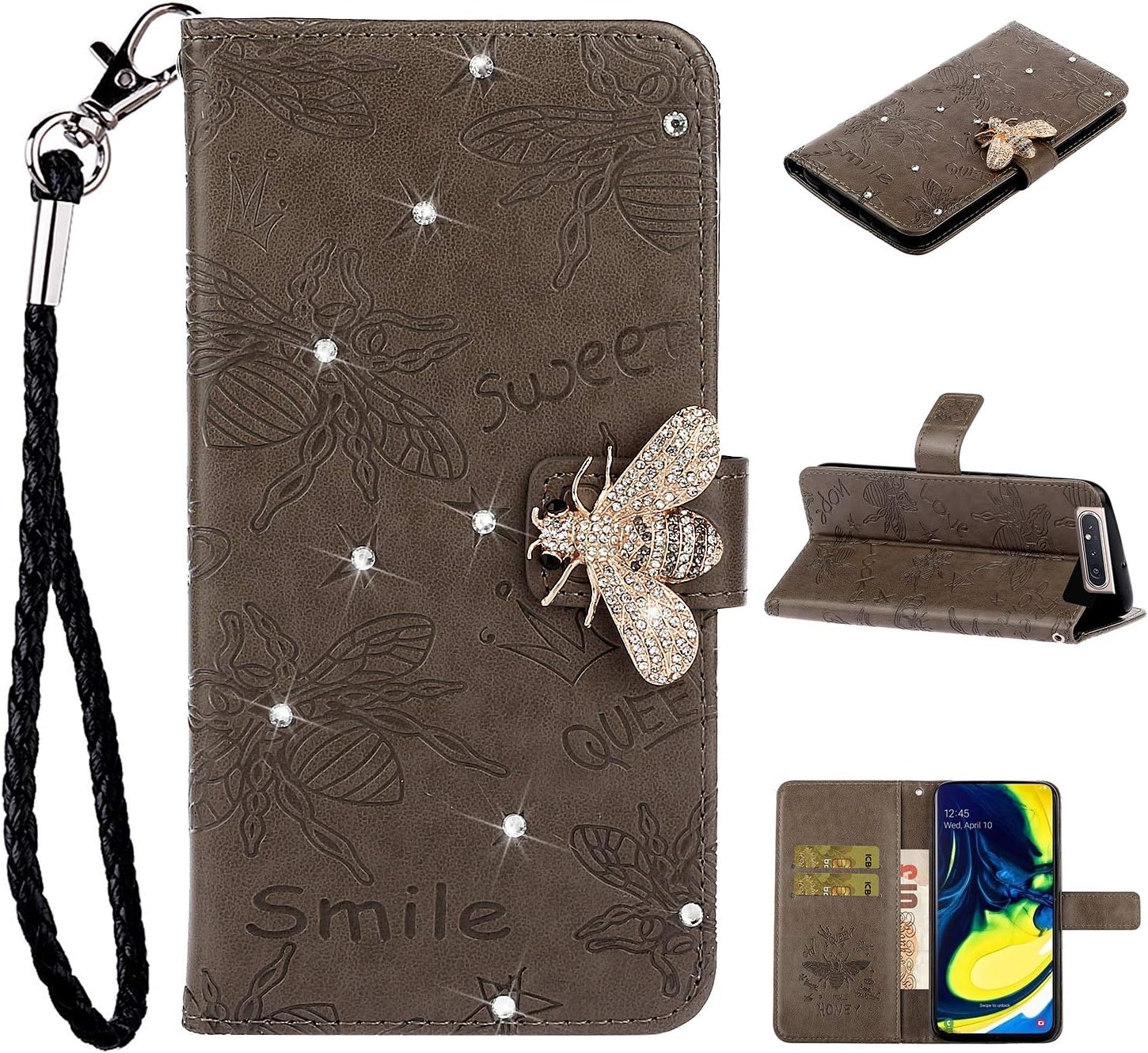 EWCover Wallet Case for Samsung Galaxy A80,Owls Bees Floral Pattern Premium Leather Flip Cover Case with Luxurious Diamond