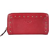 VILENCA HOLLAND Vintage Genuine Italian Leather Boho Studded Wallet – Zipper Coin Purse & Credit Card Holder for Women (Red)