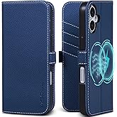 VISOUL Compatible with iPhone 16 Plus Wallet Case, Genuine Leather Phone Case Wallet Card Holder Magnetic Closure Kickstand Flip Cover Designed for iPhone 16 Plus (6.7") Navy Blue-Magentic