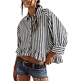 InterNos Womens Striped 3/4 Sleeve Blouse Loose V Neck Button Down Ruffled Hem Vertical Shirt Top with Pocket