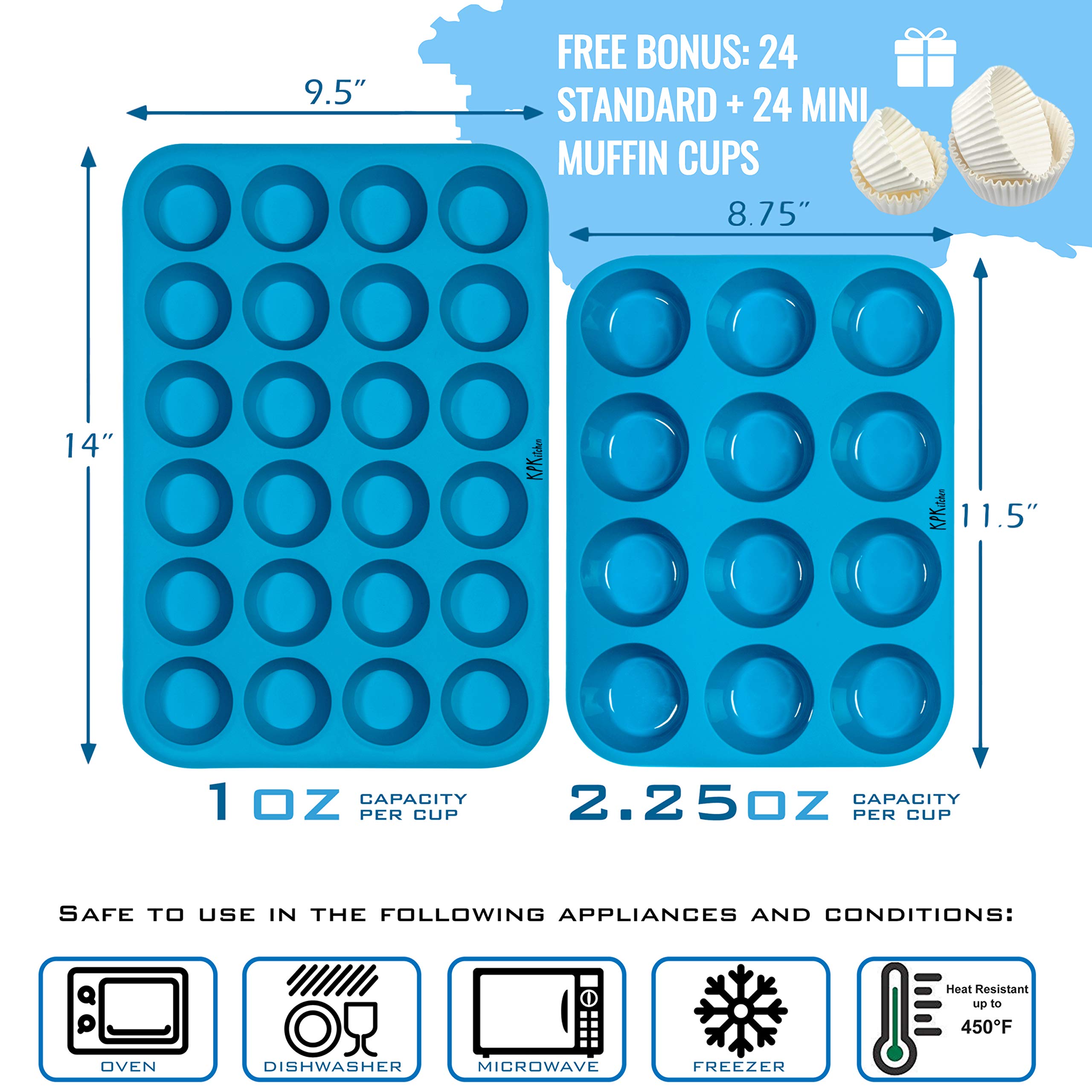 Silicone Muffin Pan & Mini Cupcake Baking Set (12 & 24 Cup) - Non Stick Mini Muffin Tin - BPA Free & Dishwasher Safe Silicon Bakeware Pans/Tins - Rubber Trays & Molds - Free Recipe eBook & Muffin Cups