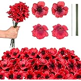 50Pcs Poppy Artificial Flowers Fake Poppies Head with Flower Branch for Veterans Day Remembrance Bouquet Memorial Day Corsages Home Kitchen Floral Wreath Garland Cake Ornaments Decoration (Red)