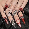 MERVF Long Stiletto Press on Nails Goth Fake Nails Red Black Glue on Nails 3D Bow Press ons with Rhinestones Charms Design Almond Acrylic Goth Gyaru False Nails for Women Glossy 24pcs