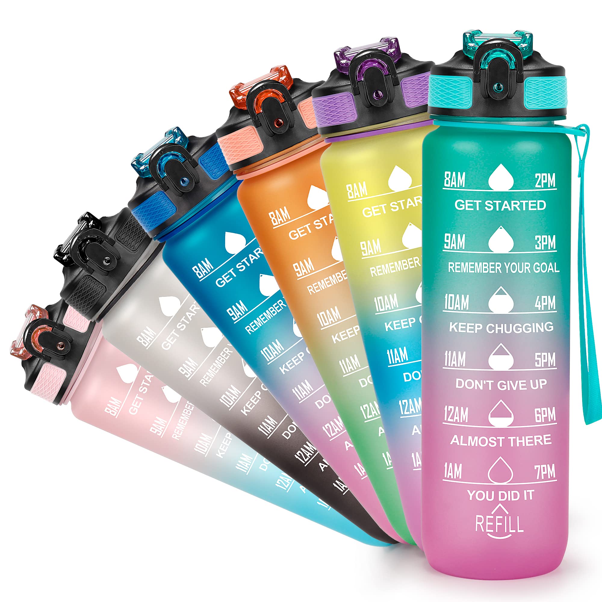 YC Kitchen 1 Litre Motivational Water Bottle with Time Marker, Leak-proof BPA Free Sports Water Bottles with Straw & Carrying Strap