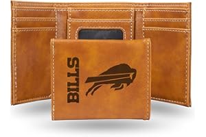 Rico Industries NFL Buffalo Bills Men's Trifold Brown Wallet- Premium Laser-Engraved NFL Team Logo on Vegan/Faux Leather- Minimalist Design Includes ID Window and Credit Card Holder- Ideal Men's Gift