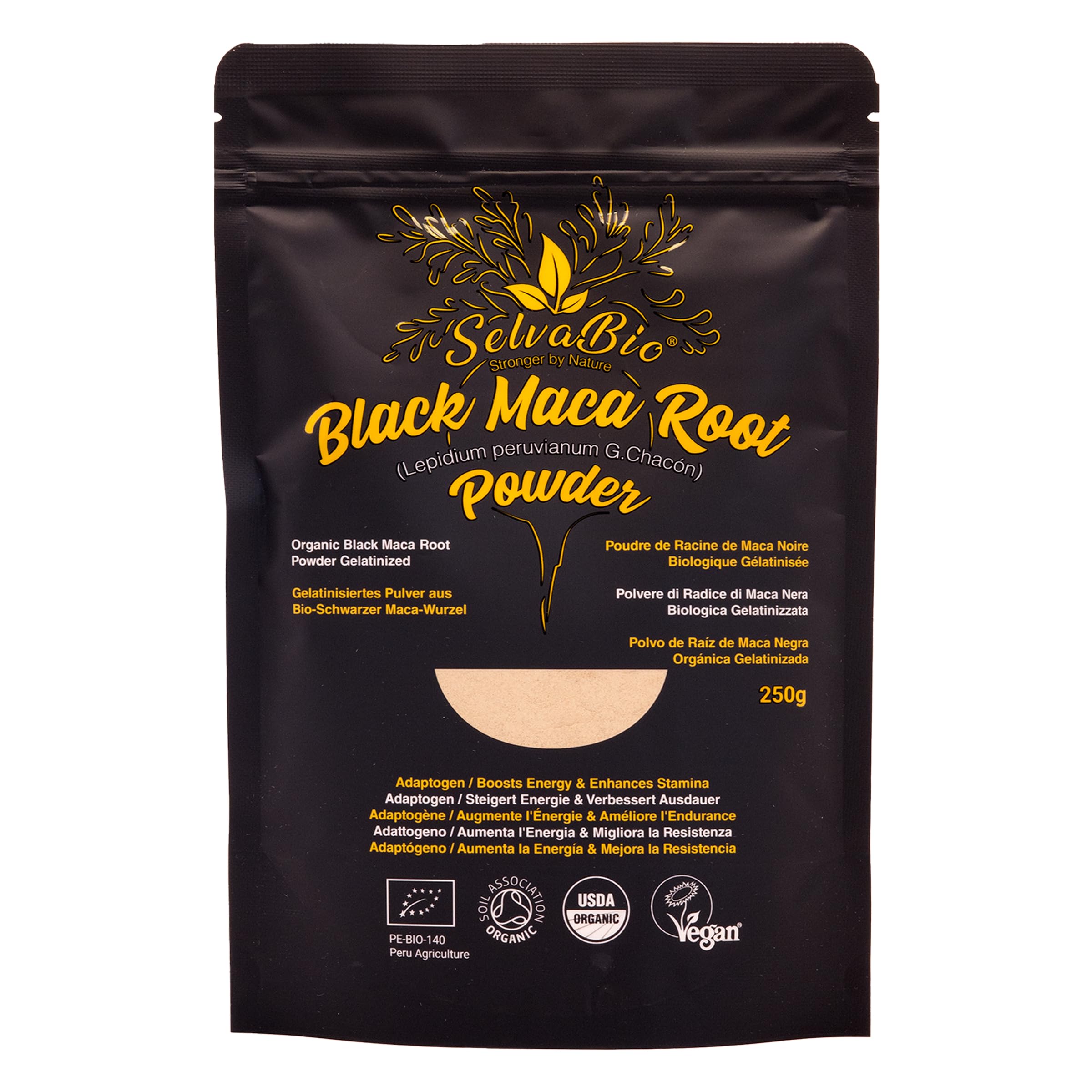 SelvaBio Black Maca Root Powder, Gelatinised, Certified Organic, Single Origin, Peru, Vegan, for Smoothies, Shakes & Baking, 250 g