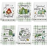 Redbaker 6 Pcs Camping Kitchen Towels Bonfire Tent Car Dishcloth Outdoors Happy Camper Hand Tea Towels Decorative Set Absorbent Camping Decor with Hanging Loop for Camper Gifts RV Accessories(White)