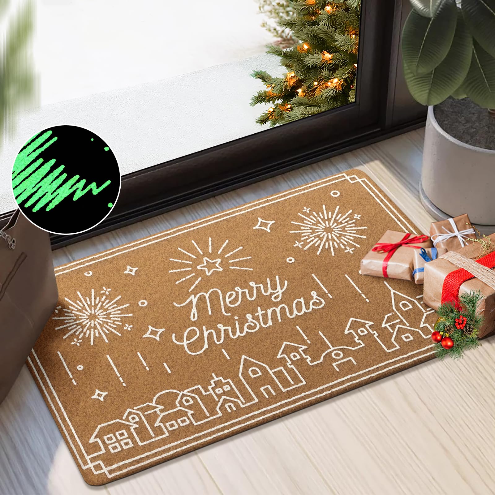 Photo 1 of Carvapet 17 x 30 inch Front Door Welcome Mat Artificial Coir Doormat with Non-Slip Backing Glow-in-The-Dark Carpet for Indoor and Outdoor Christmas Fireworks Design