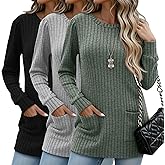 Sweetyweee 3 Pack Women's Long Sweaters with Pockets, Puff Long Sleeve Tunic Tops Crew Neck Ribbed Pullovers for Leggings