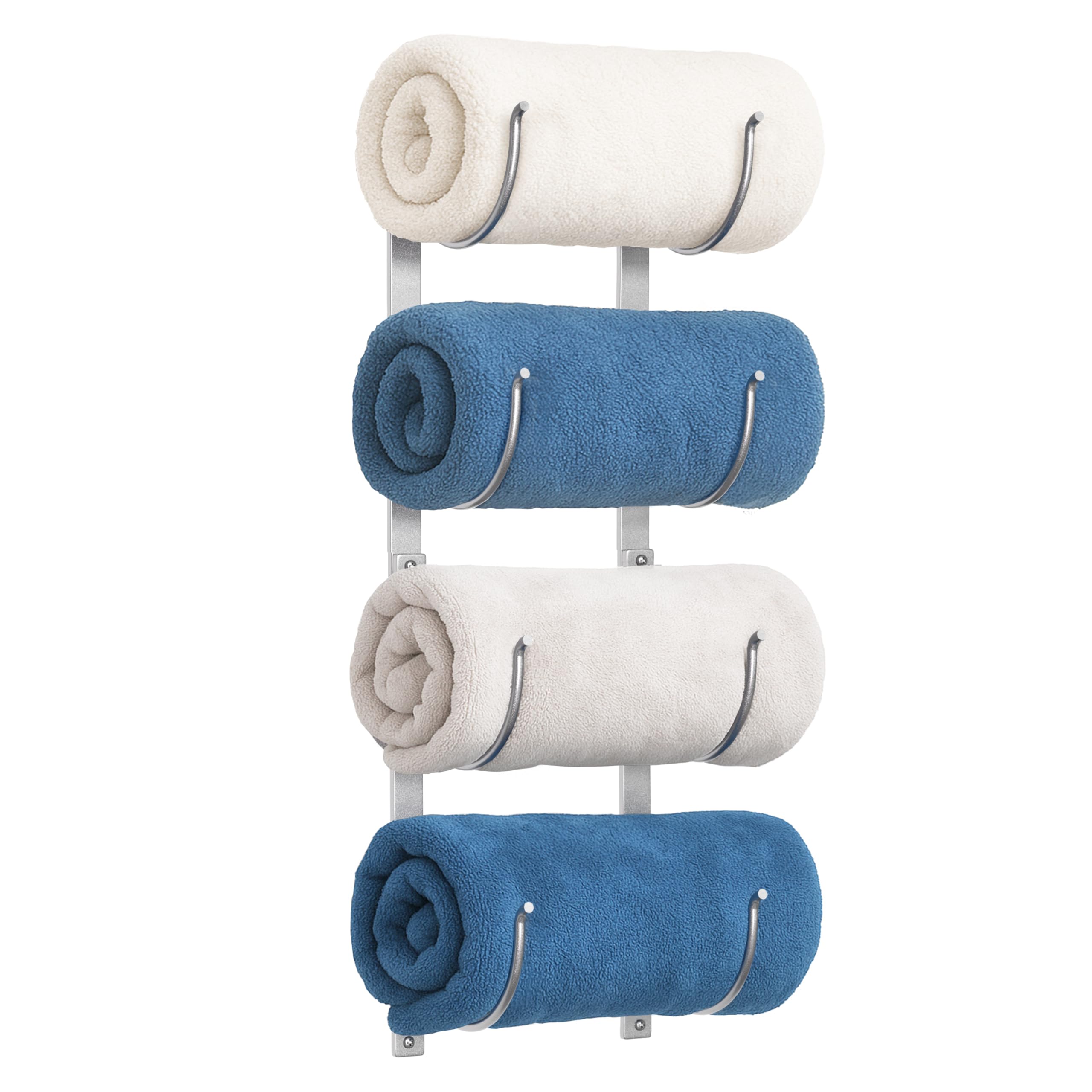 Photo 1 of Bathroom Rolled Towel Rack: 4-Tier Wall Mounted Towel Storage Holder, Hanging Organizer for Towels, Blankets, Large Bath Sheets, Space Saving in RV, Closet, Toilet, Cabinet, Silver