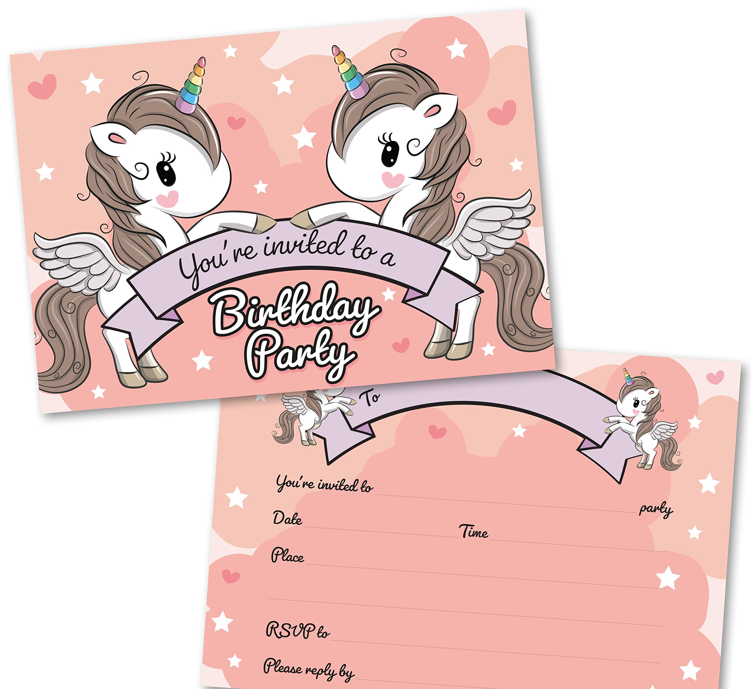 Party Invitations Pack of 36. Unicorn Themed Invitation with Matching envelopes. 120 x 172mm. Party Invites, Birthday Party Invitations. Suitable for Girls. Designed and Printed in UK.