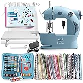 CraftBud Mini Sewing Machine for Beginners, Dual Speed Small Portable Sewing Machine for Kids and Adults with Extension Table, 122 Piece Gift Set Includes, Fabrics, Projects Book, Light and More, Blue
