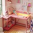 Bestier Small Gaming Desk with Power Outlets,42 L Shaped LED Computer Desk with Reversible Shelves,Corner Gamer Desk with Hooks USB Charging Port,Carbon Fiber Pink