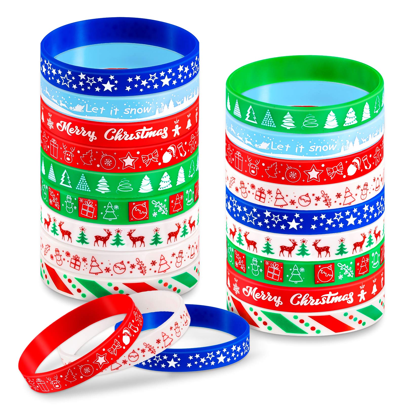 Whaline 54pcs Christmas Silicone Wristband Silicone Bracelet 9 Design Rubber Band Merry Christmas Wristband for Women Men Xmas Present Party Decoration Supplies