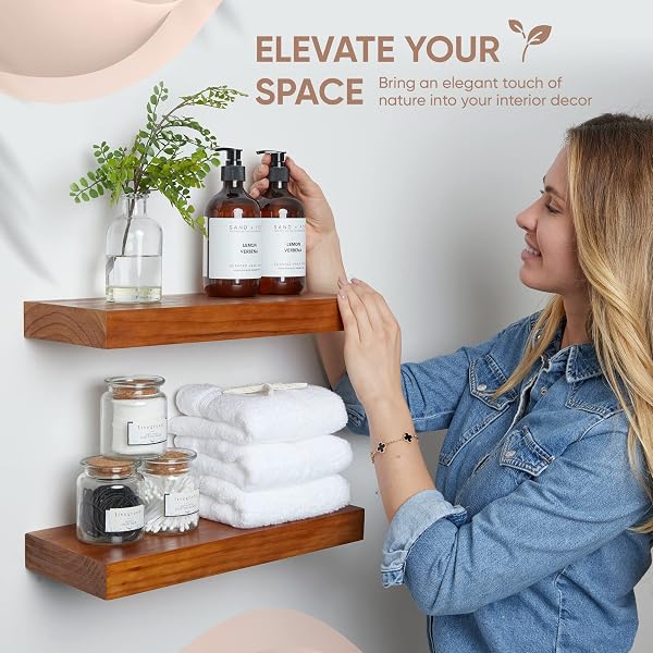 HOMEFORIA RUSTIC FARMHOUSE FLOATING SHELVES – BATHROOM WOODEN SHELVES FOR WALL MOUNTED – THICK INDUSTRIAL KITCHEN WOOD SHELF – 16 X 6.5 X 1.75 INCH – SET OF 2 – HONEY OAK COLOR