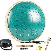 HOPWELL Steel Tongue Drum - 13 Inches 15 Notes Tongue Drum - Hand Pan Drum with Music Book, Handpan Drums Mallets and Carry Bag, D Major (Malachite Green)