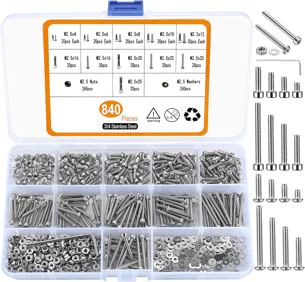 HAOCHEN M2.5 Screw Set 840 Stainless Steel Nuts Washers Assortment Kit