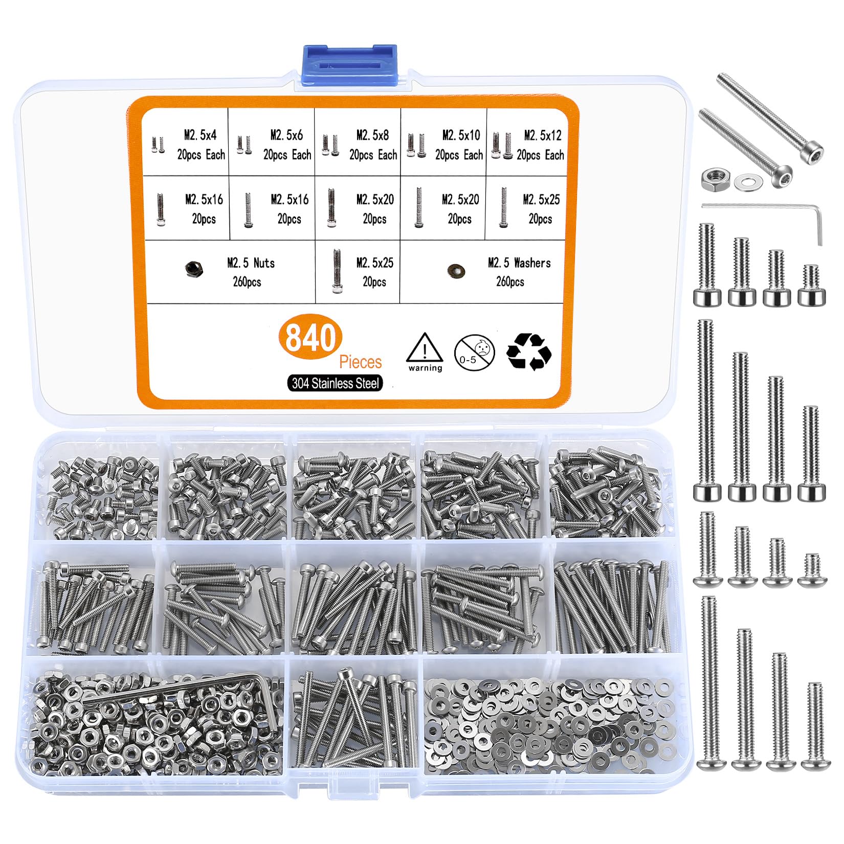 M2.5 Screw Set, 840 Hex Head Screws with Pan Head, Cylinder Nuts and Washers Assortment Kit, Thread Screws Cylinder, Stainless Steel Screw Set — image 1