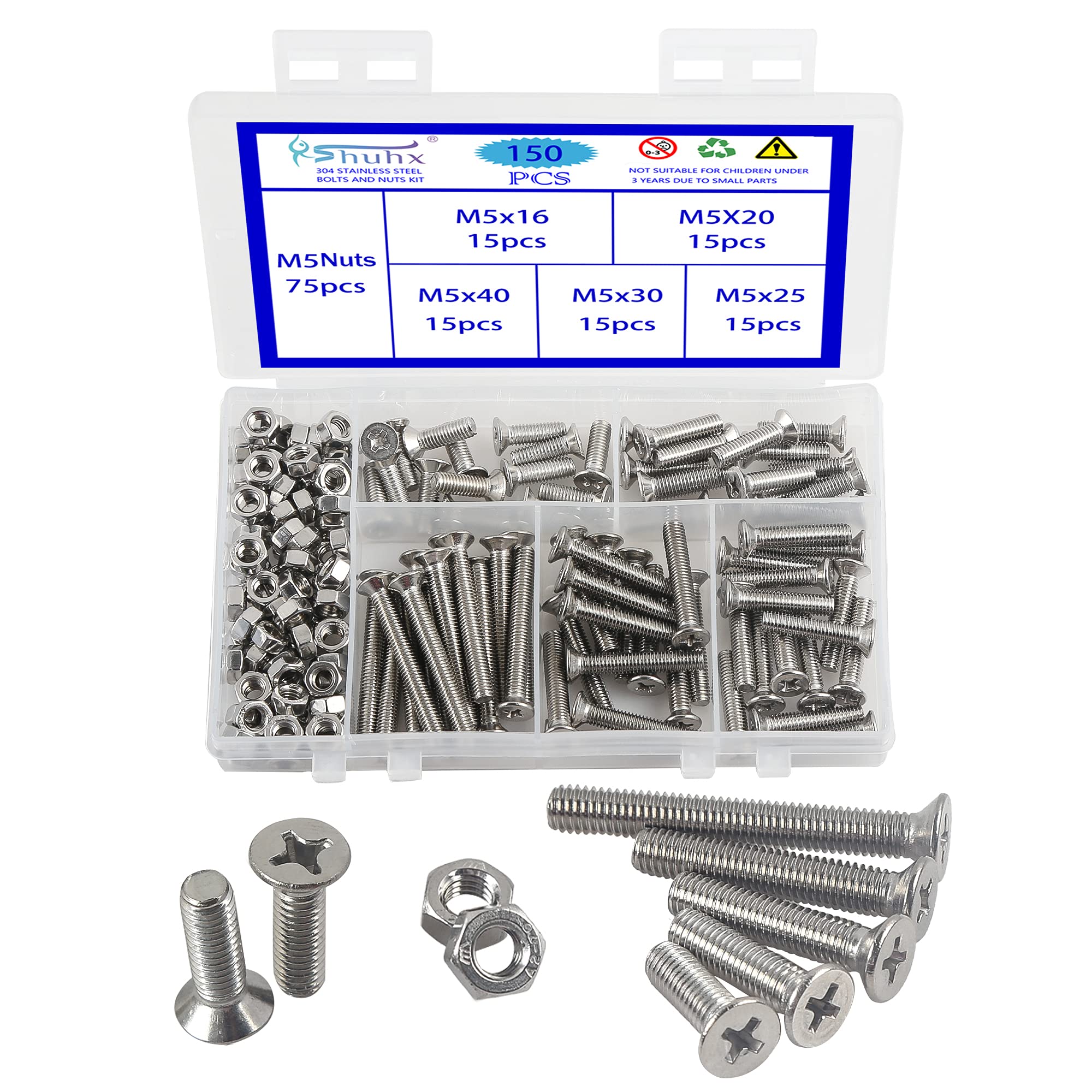 Rshuhx 150PCS M5 Cross Countersunk 304 Stainless Steel Machine Screws Bolts and Nuts Flat Head Phillips Screw Fastener Repair Tools Assortment Kit for Baby Crib Headboards Chairs Furniture — image 1