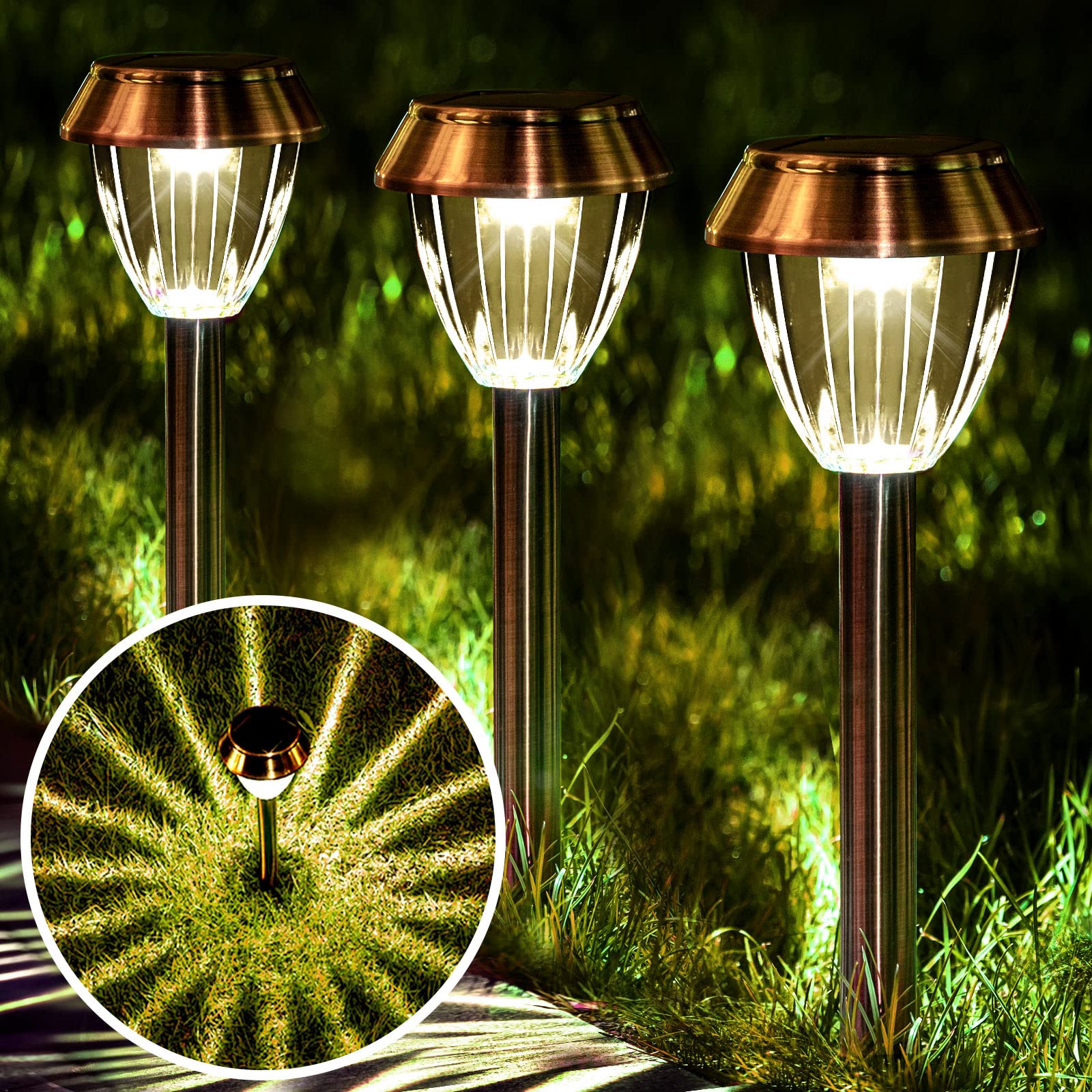 Photo 1 of SOLATINO Solar Pathway Lights Outdoor Waterproof, 6 Pack Solar Outdoor Lights Bright Up to 12 Hrs, Garden Light LED Landscape Lighting Copper Stainless Steel Walkway Light, Warm White