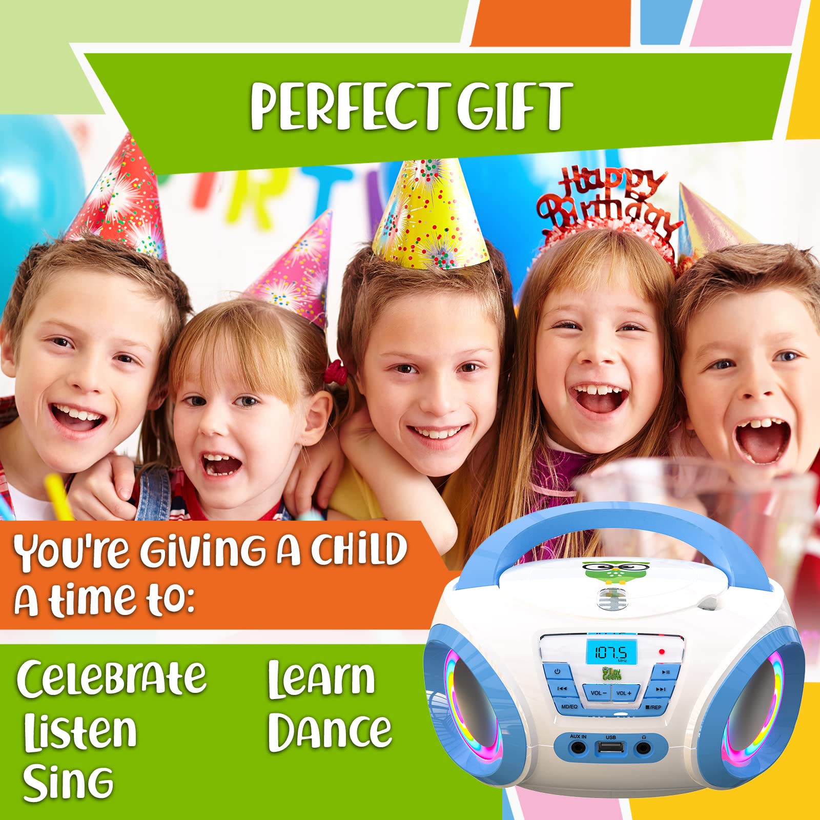 Tunes Kids Boombox CD Player for Kids - NEW 2023 - FM Radio - Batteries Included - Cute white Radio cd Player with Speakers for Kids and Toddlers - Blue