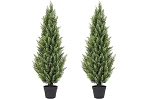 BINNNY FLOWER 4FT Artificial Cedar Topiary Trees Set of 2 - Realistic Faux Cypress Plants UV Resistant for Outdoor Planter, Fake Bushes & Shrubs for Porch Front Door Outside UV Rated, 4 Feet Tall, 2 Pack