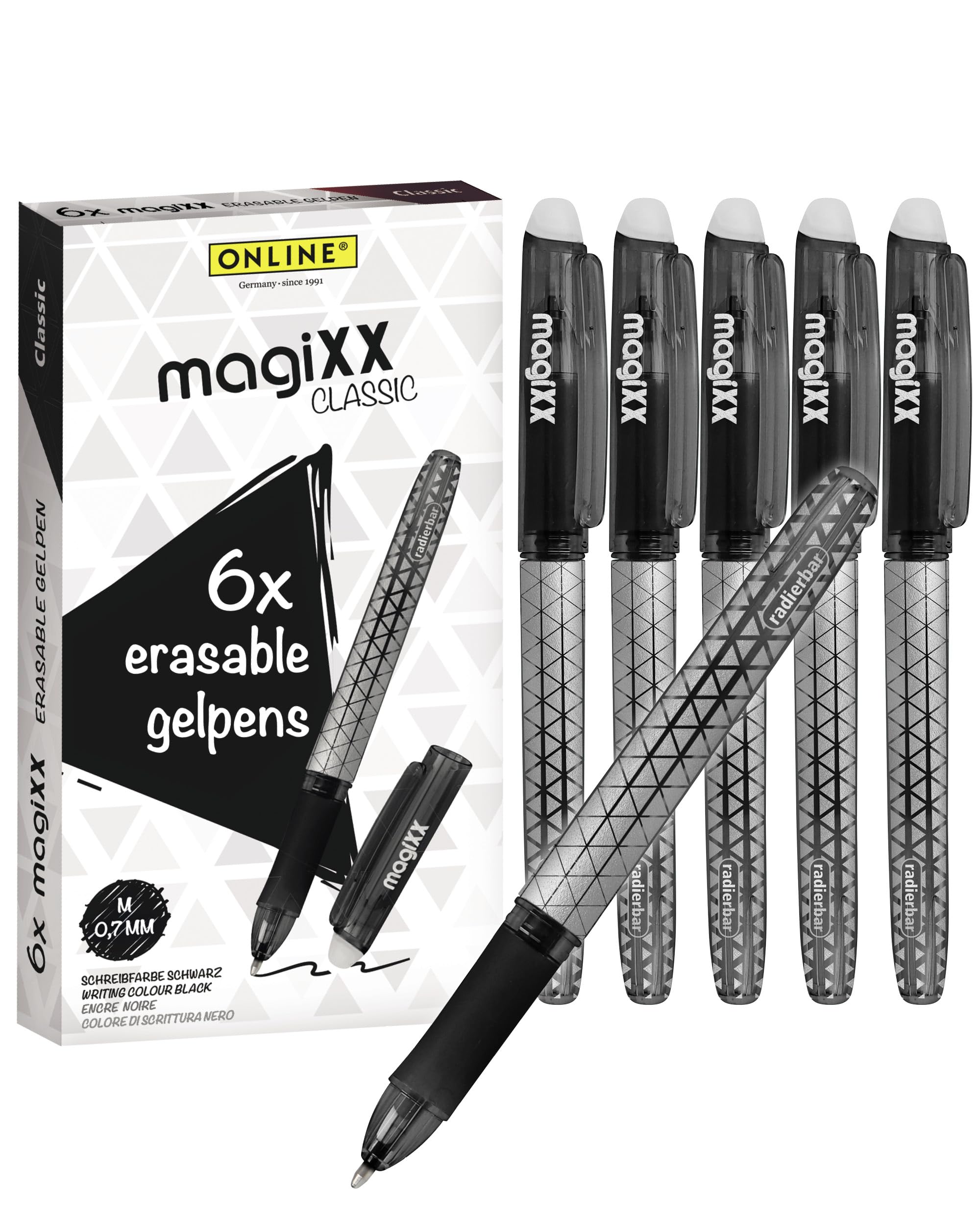 Online MagiXX Erasing Pens, 6 x Gel Pens Black with 0.7 mm Line Width, Rollerball Pen Erasable for Learning to Write & Office, Ballpoint Pen for Students, Students