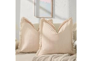 ZWJD Fall Pillow Covers 18x18 Set of 2 Striped Pillow Covers with Fringe Chic Cotton Decorative Pillows Square Cushion Covers for Sofa Couch Bed Living Room Farmhouse Fall Decor