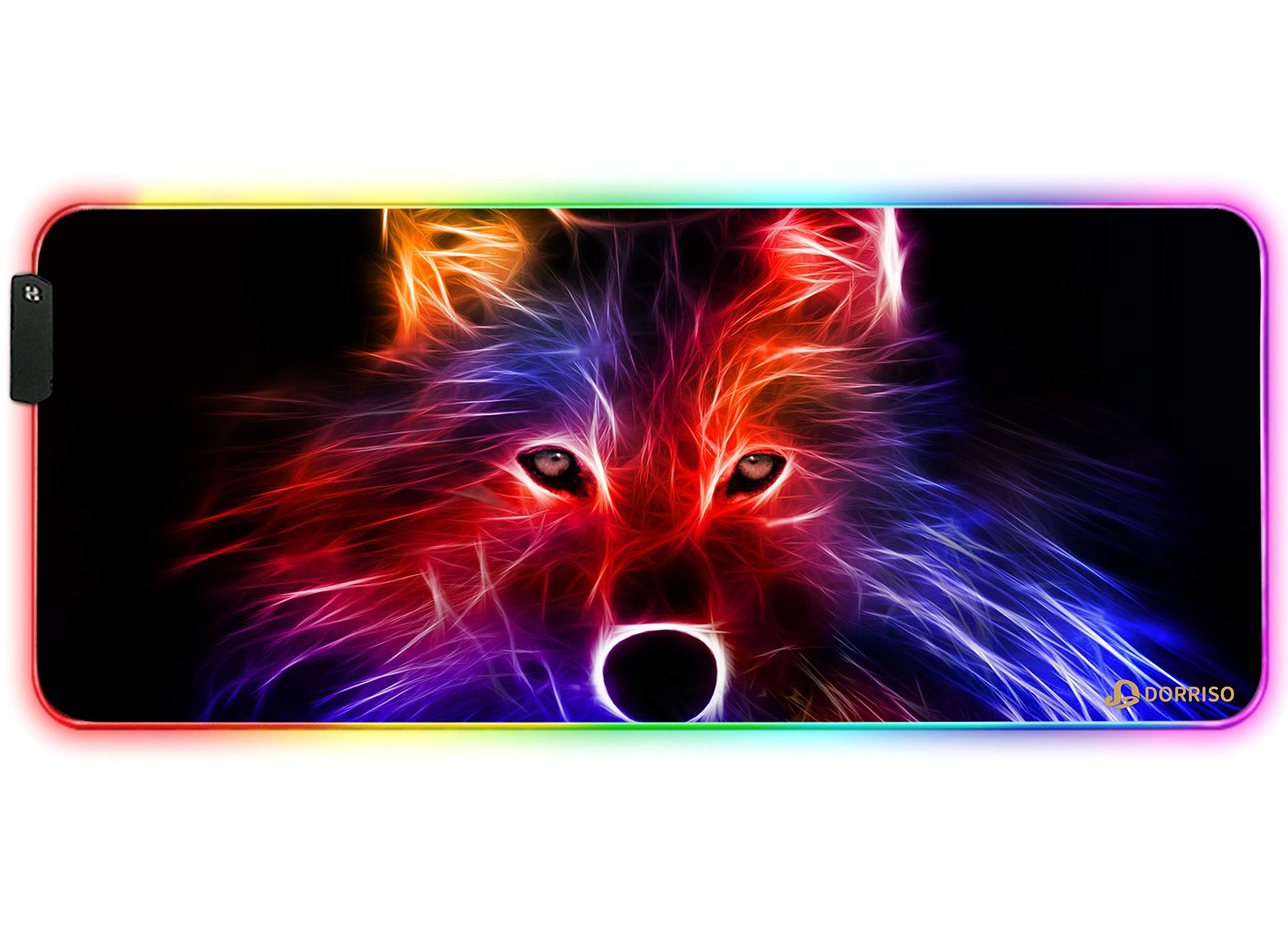 DORRISO RGB Large Gaming Mousepad 900x400x4 mm XXL 12 Glowing Modes RGB LED Extended Mouse Mats Anti-Slip Rubber Base Keyboard Mouse Pads for Computer Laptop PC Desk Gaming Mousepad Flame Wolf