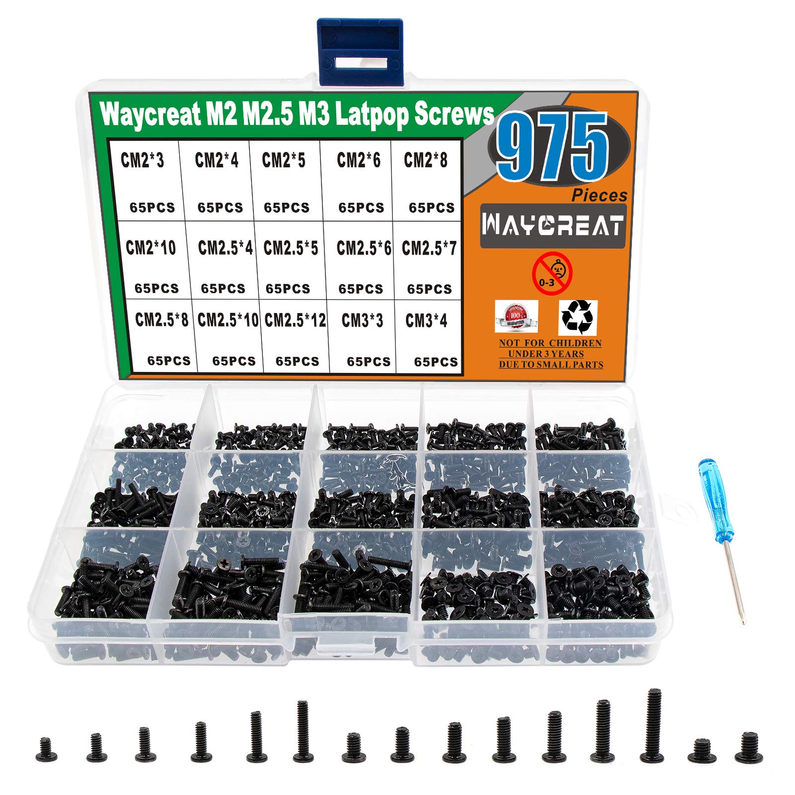Waycreat 975pcs M2 M2.5 M3 Laptop Computer Screws Kit Set for SSD IBM HP Dell Lenovo Samsung Sony Toshiba Gateway Acer Hard Drive SATA, (15 Size)