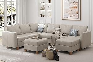 EASE MOOSE Modular Sectional Sofa with Storage, U Shaped Sectional Faux Leather Sectional Couch Large Sectional Sofa, Whitesand