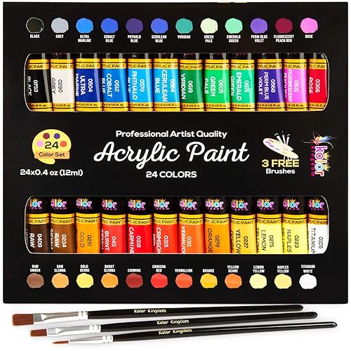 KOLOR KINGDOM Acrylic Paint Set 24 Colours Canvas Paints Kit with 3 Paint Brushes for Crafts,Kids Paints, Paper, Rock Painting, Wood,Ceramic & Fabric Vibrant Colors (24 X 12ML)