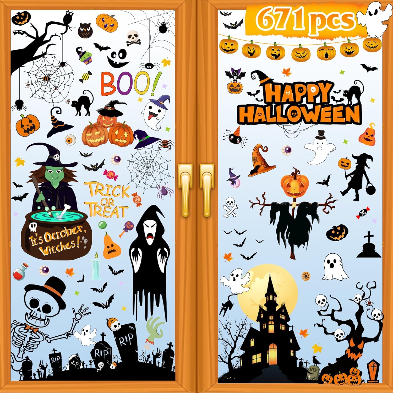 Window Treatments - Halloween Decorations 671 PCS Halloween Window Clings, 10 Sheets Large Halloween Window Decorations Stickers Double-Sided Removable Glass Window Decals, Happy Halloween Window Clings for Kids Party Decorations