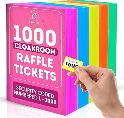 Coselena 5-Pack Cloakroom and Raffle Ticket Books 1-1000 Assorted Colours