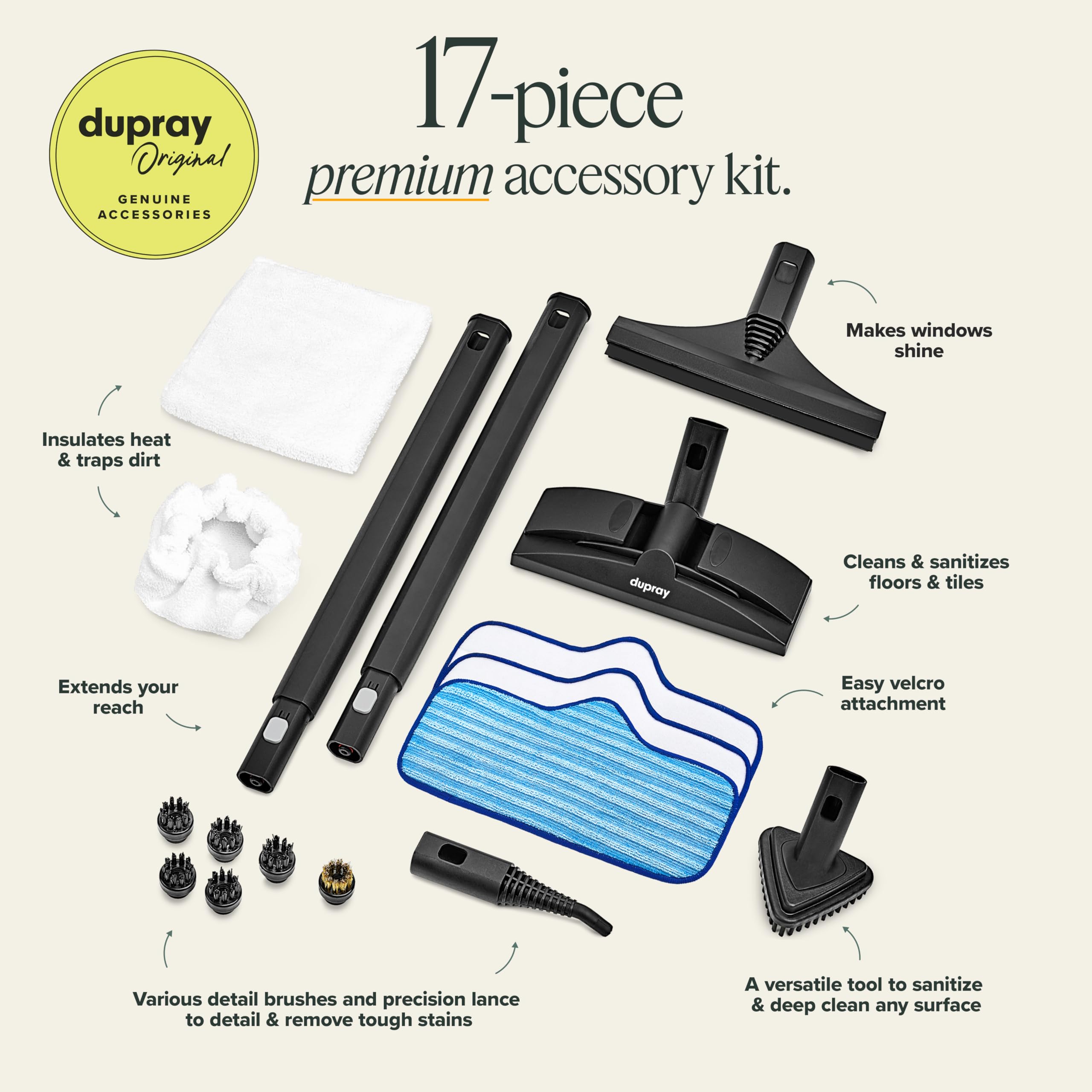 Dupray Neat Plus Steam Cleaner with 17-Piece Accessory Kit. A powerful multi-purpose steamer designed for deep cleaning floors, upholstery, grout, and more. *Kills 99.9% of Bacteria & Viruses