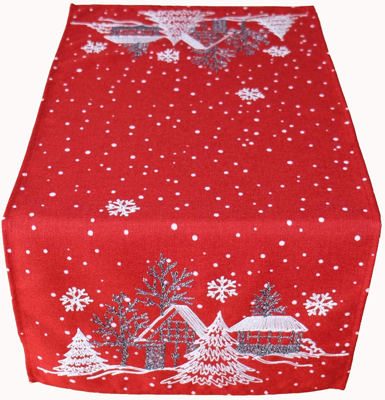 Raebel Tischläufer Weihnachten Mit Winterdorf-Stickerei – Tannendeko In Rot-weiß, 40 X 85 Cm